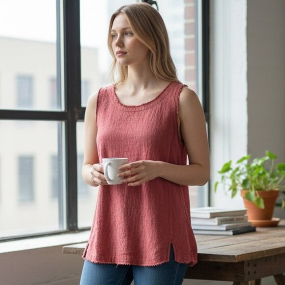 Kleen Tops - KLEEN Linen Slub A Line Raw Edge Tank Top Sz L Red/Pink 262D